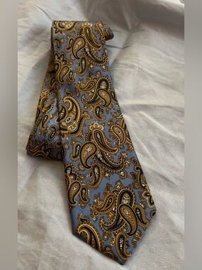 CREMIEUX | Luxury 100% Silk Paisley Tie | Gold & Steel Blue | Handmade USA